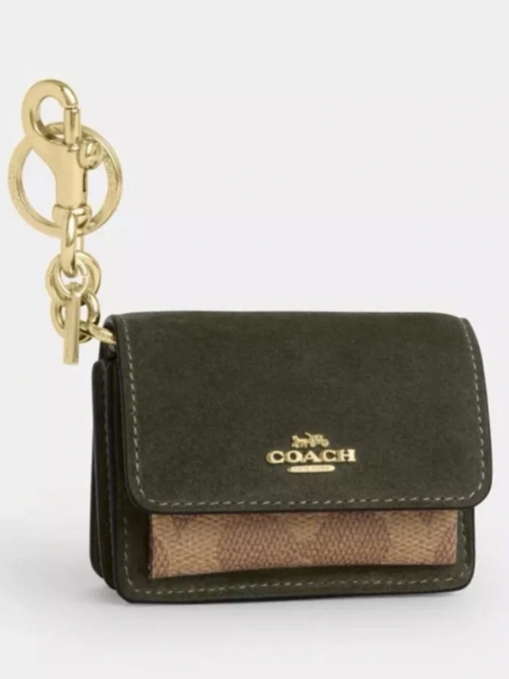 Coach Klare Bag Charm Green Suede With Tan Signature Canvas Brass Hardware  NWT